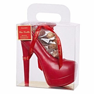 Red platform shoe with chocolates