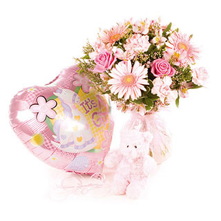 Baby Pink Floral Hand-tied Bouquet, Balloon and Teddy Bear