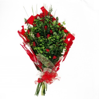 Red Satin Open Style Bouquet of Red Roses